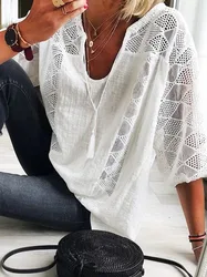 Women‘s Cotton Linen Tunic Tops V Neck 3/4 Sleeve Casual Loose T-Shirt Ladies Fashion Daily Clothing Blusas Mujer De Moda 2024