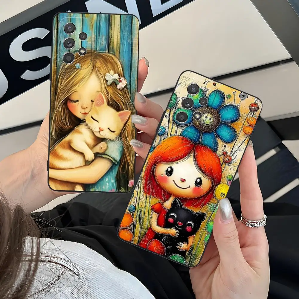 

Girl Cat Kitten Art Phone Case for Samsung Galaxy A73 72 71 70 56 55 54 53 52 36 35 34 23 16 15 5G Colour Protective Cellphones