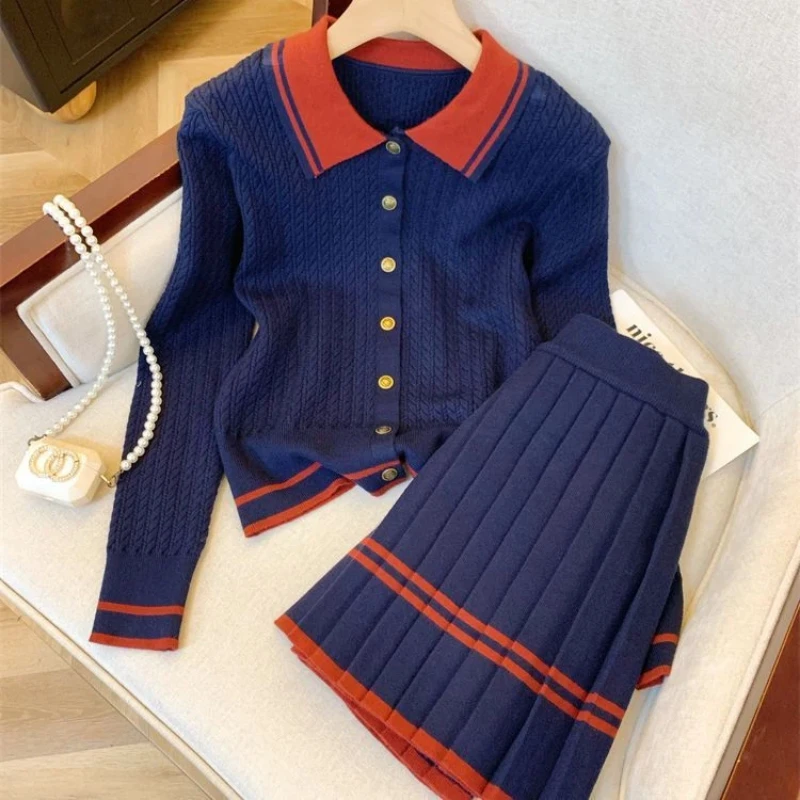 الحياكة التباين المرقعة نمط Preppy البلوزات ربيع الخريف مرونة الخصر مطوي الحلو ألف خط تنورة أزياء النساء الملابس
