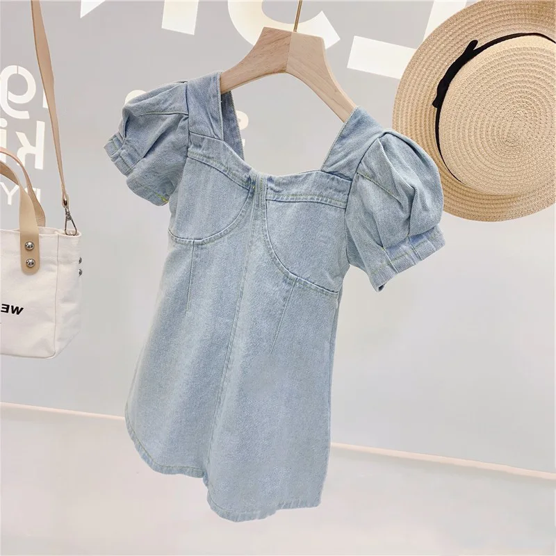 

Girls Dress Korean Fashion Square Neck Bubble Sleeves Denim Dress Summer New Style