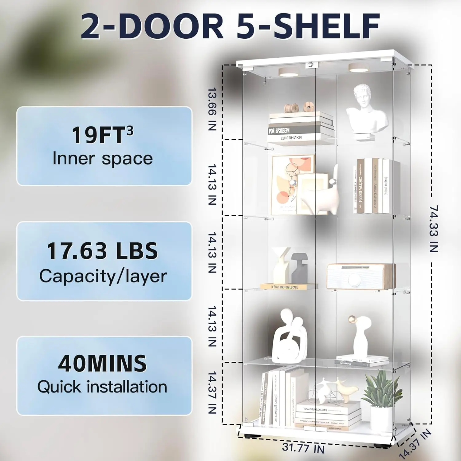 Display Cabinet with Two LED Lights, Quick-Install Style 5-Shelf Curio Cabinet - 2 Door Glass Display Case with 5mm Tempered