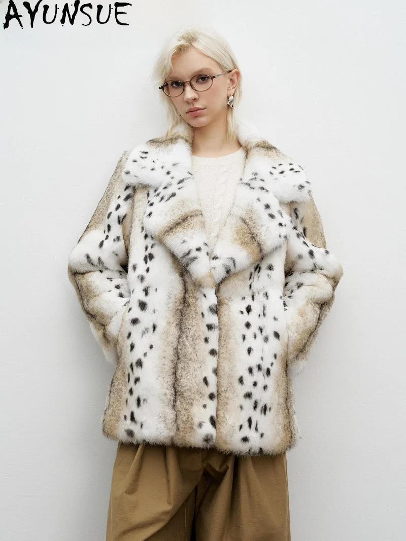 AYUNSUE Real Rabbit Fur Coat Women Clothing Mid Length Loose Fit Leopard Print Suit Lapel Fur Jacket Ladies Шуба Натуральный Мех