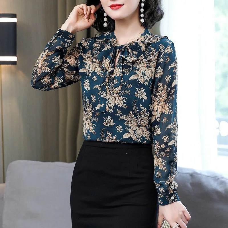 Vintage Floral Print Ruffle Lace Up Bow Elegant Chic Office Lady Button Up Shirt Fashion Long Sleeve Slim Tops Blouses for Women