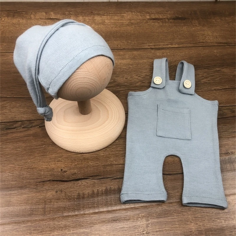 Newborn Baby Photography Clothing Set Solid Color Overalls Romper with Long Tail Hat Bear Doll Photo Props Costume P31B