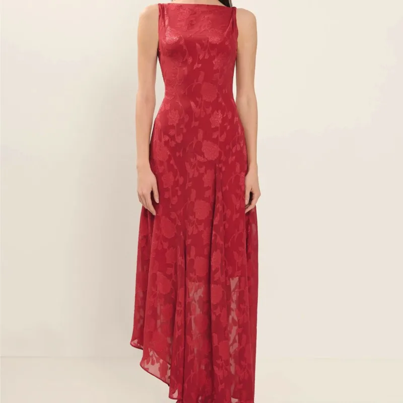 

Sexy Lace Round Neck Slim Maxi Dress Women 2025 Fashion Elegant Summer Backless Irregular Solid Color Sleeveless Party Dresses
