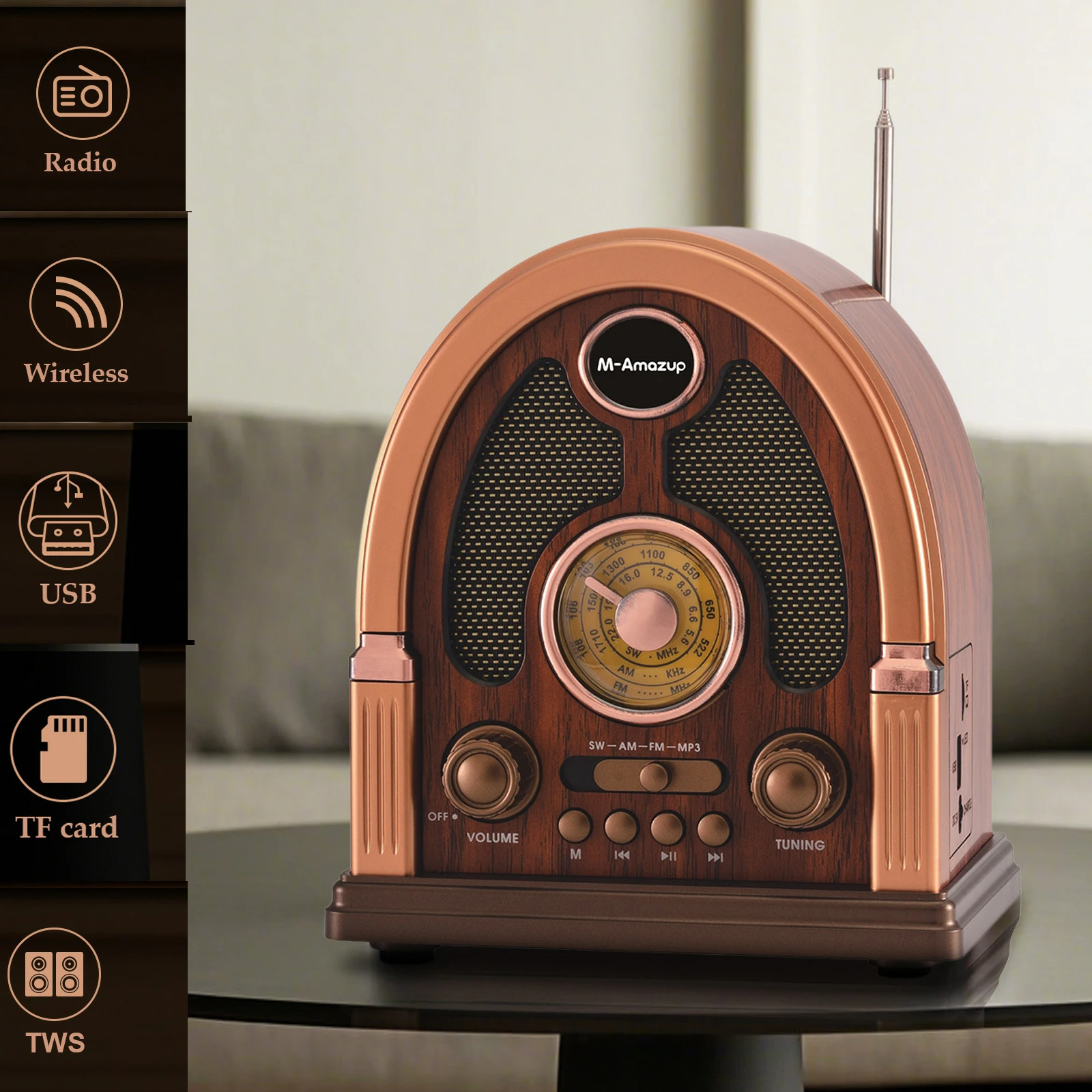 

Портативное ретро FM AM SW радио Классические винтажные полнодиапазонные радиостанции Bluetooth-динамик Беспроводной MP3-плеер Поддержка TF-карты USB