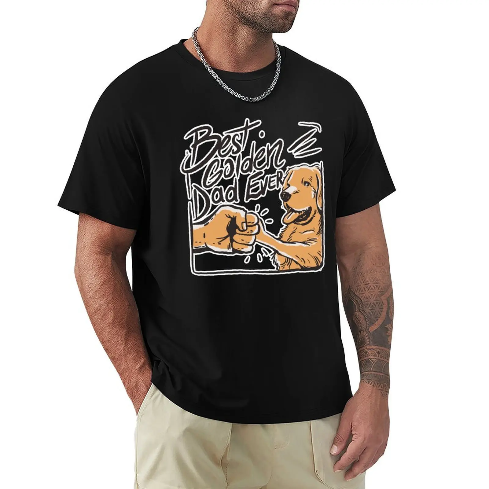 Best Golden Dad Ever - Golden Retriever Dog T-Shirt Vintage Print Crew Neck Tee