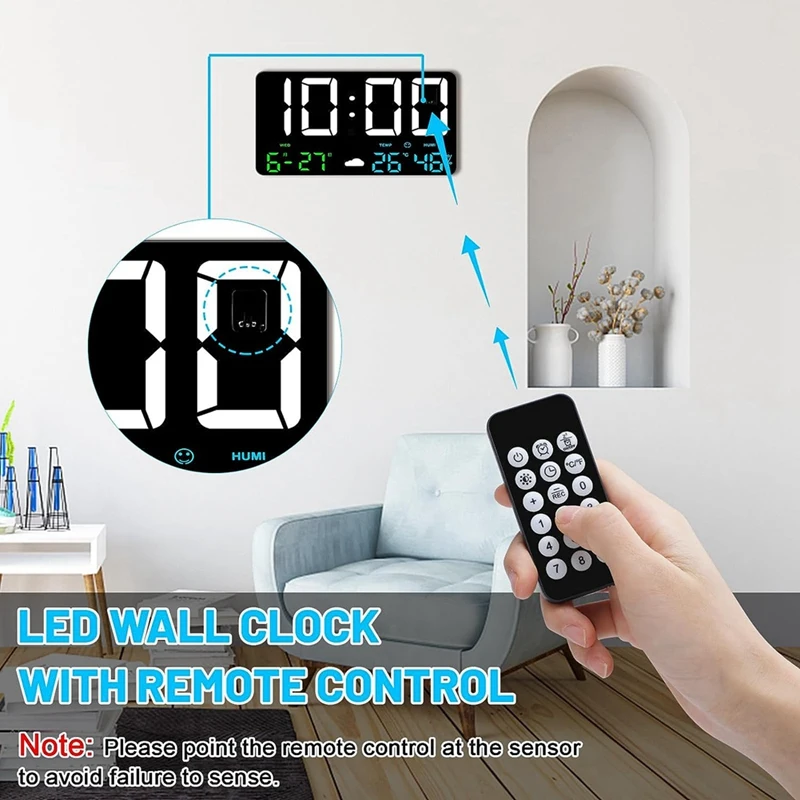 Digital Wall Clock Large Display, 9.8Inch USB Alarm Clock For Bedrooms With Weather Station