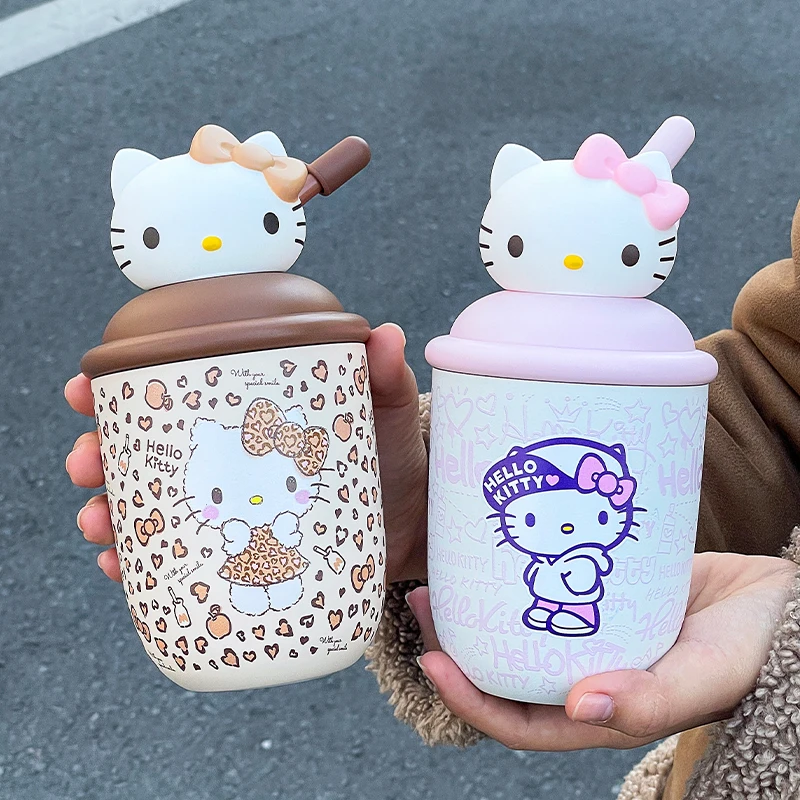 1 Stück HelloKitty Edelstahl-Vakuum-Isolierbecher 380ml, Tragbarer Wasserbecher mit Strohhalm, Paar-Geschenk