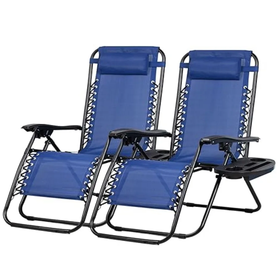 

Set of 2 Adjustable Steel Mesh Patio Recliners with Zero Gravity Design Blue Lounge Chairs for Beach Use Includes Pillow and Cu