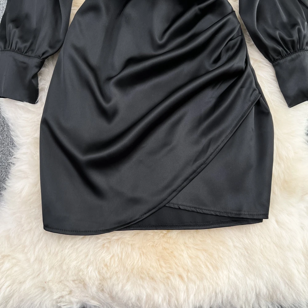 Autunno Hepburn Sle Acetato Raso Bla V-ne Bubble Long Sve Dimagrante Avvolgente a pieghe Aderente Dr Coreano Sle Vita alta...