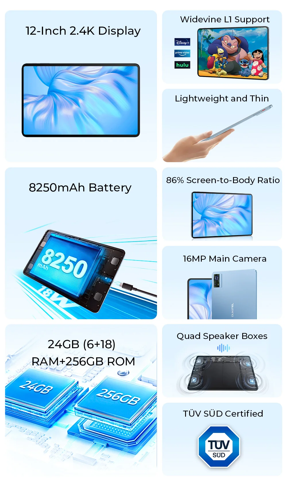 OUKITEL OT5S Android 14 Tablet - 12 Inch 2K Display, 24GB+256GB, 8250mAh, 16MP/4G Dual SIM/5G WiFi/TÜV/GPS/Includes Pen and Case