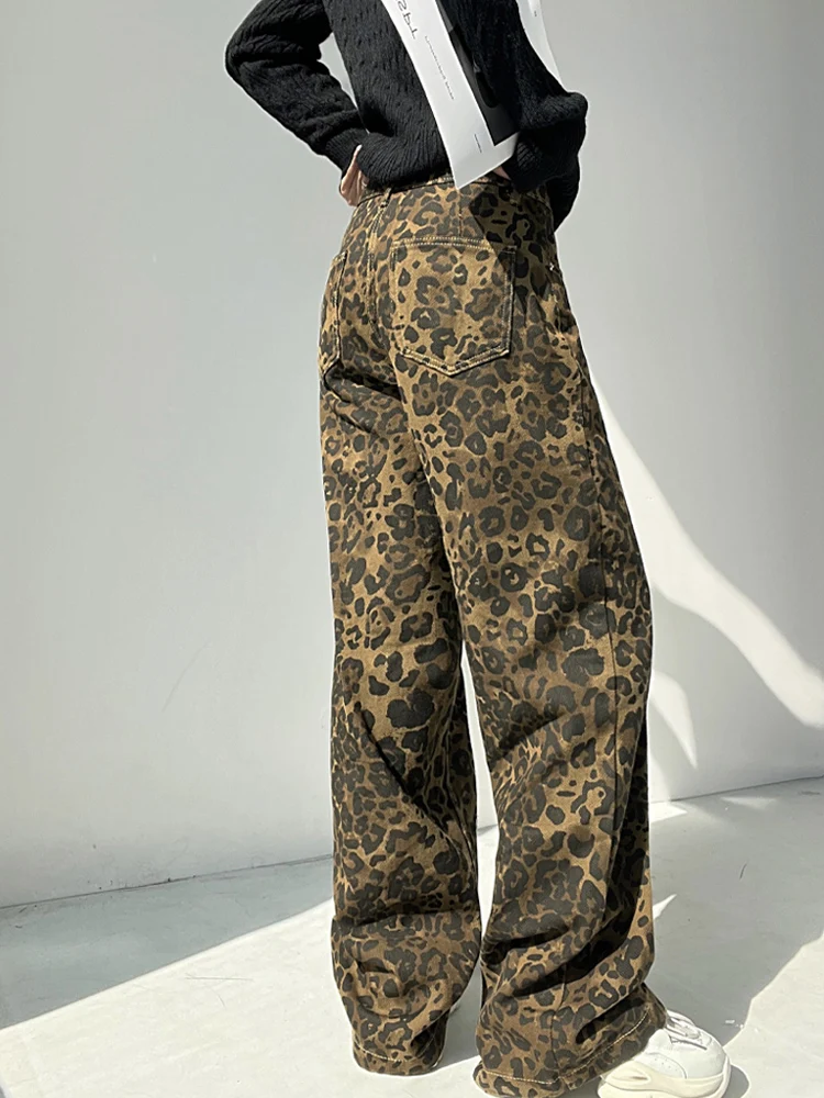 الرجعية الأمريكية فضفاضة تناسب ليوبارد طباعة الجينز عالية الخصر الجاز الرقص السراويل الطويلة للنساء الهيب هوب حار فتاة Sle