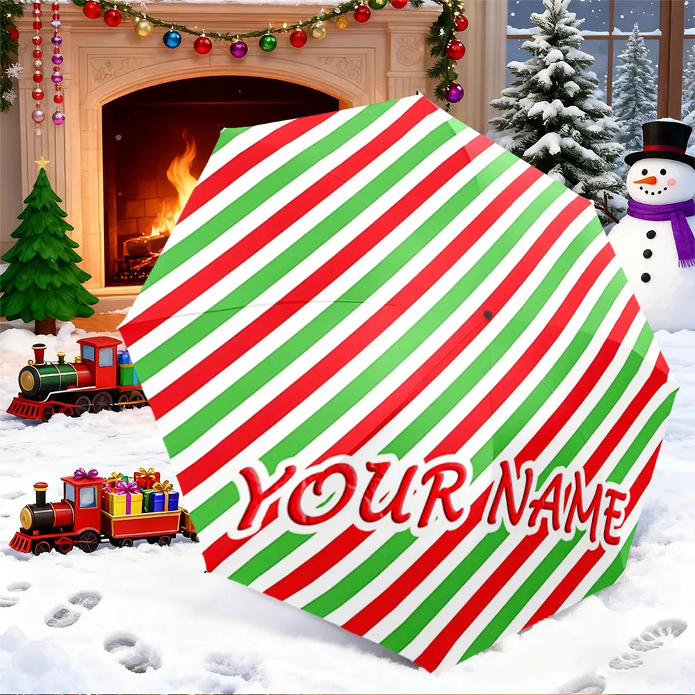 Custom Name Umbrella， Customizable Red Green Striped Pattern Umbrella Design ,Portable Folding Umbrella, Christmas Gift