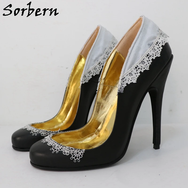 Sorber Vintage nero punta tonda donna décolleté pizzo raso Lolita tacchi alti 15Cm taglia Us12 tacchi a spillo Slip On scarpe Fetish Pump