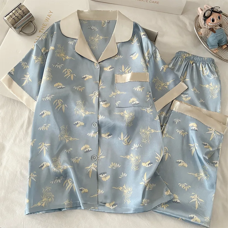 

Домашняя одежда, костюм, новые летние женские пижамы с цветочным принтом для девочек, летние маленькие свежие брюки с короткими рукавами, атлас из ледяного шелка