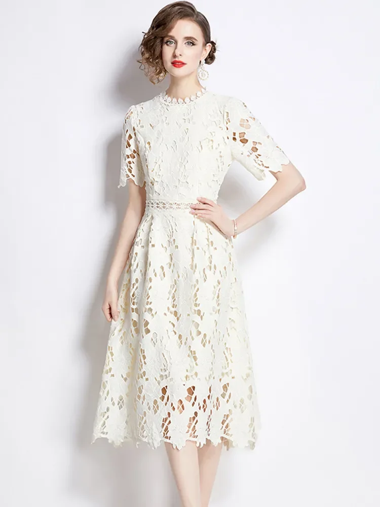 

2024 New High-End Embroidered Lace Hollow Out Dress Women's O-Neck Short Sleeve Long Dresses Vestidos