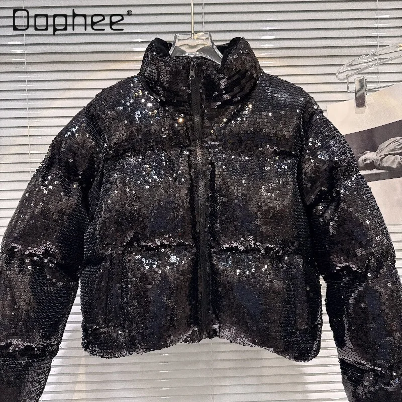 

Street Shiny Sequin Fabric Stand Collar Warm Short Puffer Jacket Fashion Loose Slim Thickened Cotton Coat Women 2025 Winter New