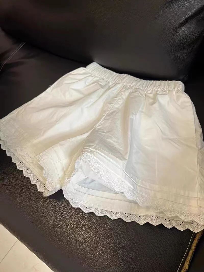 Plones cortos con ribete de encaje blanco para mujer, plones de pierna ancha informs, finos, hoados, de cintura ...