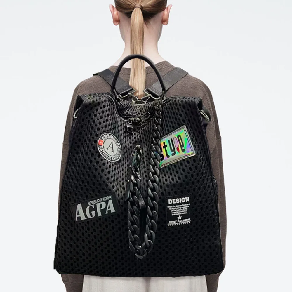 

Fashionable mesh retro nylon patch backpack with large capacity and lightweight casual shoulder bag