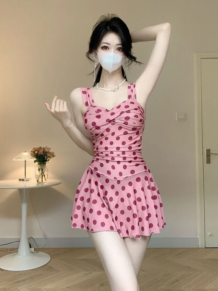 Women's Polka Dot One Piece Swimsuit Skirted Long Sleeve Sun Protection Cover Up Tummy Control Bathing Suit for Beach Vacation