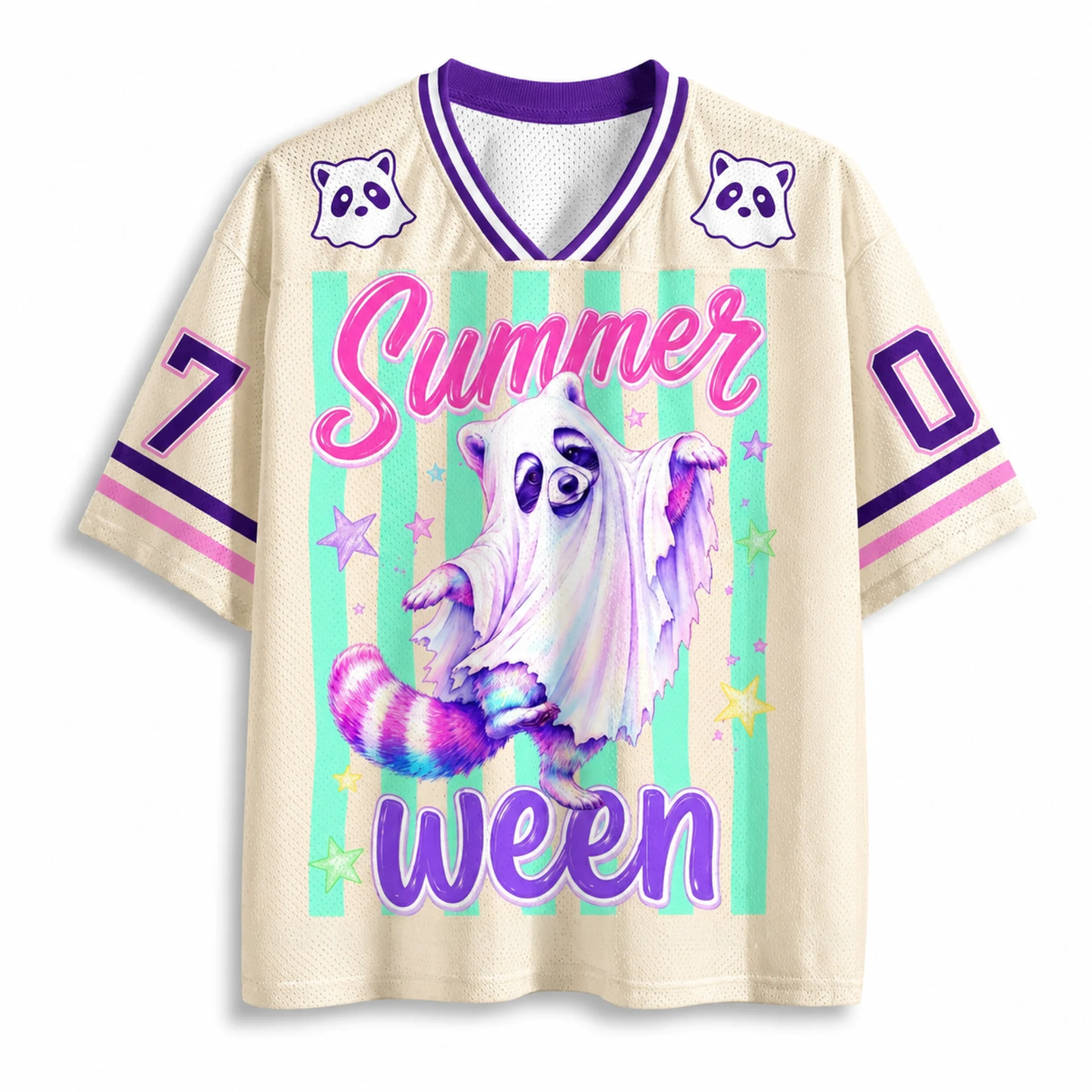 Y2K Dopamine 3D Printed Cartoon Ghost Raccoon Niche Mesh V-neck T-shirt Trendy Halloween Men's and Women's Soccer Uniforms