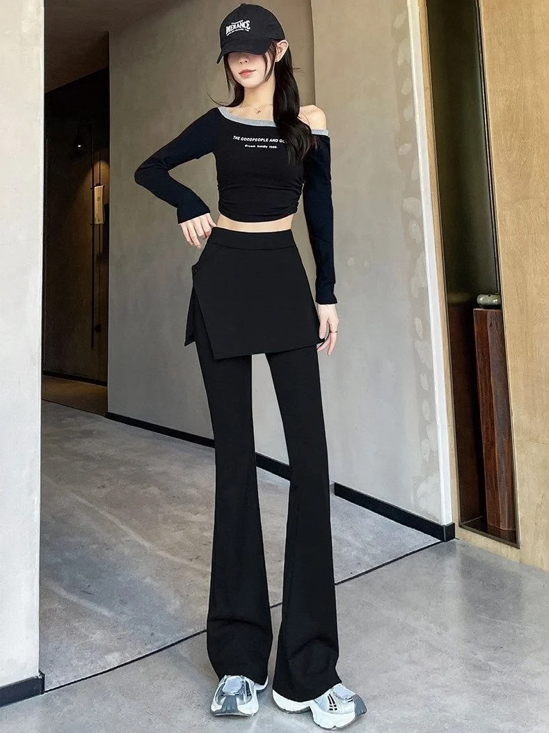 High Waist Flared Pants Women's Slimming Capri Pants Fake Two-Piece Skirt Pants Drapey  Hoof Pants Casual Polyester Fiber