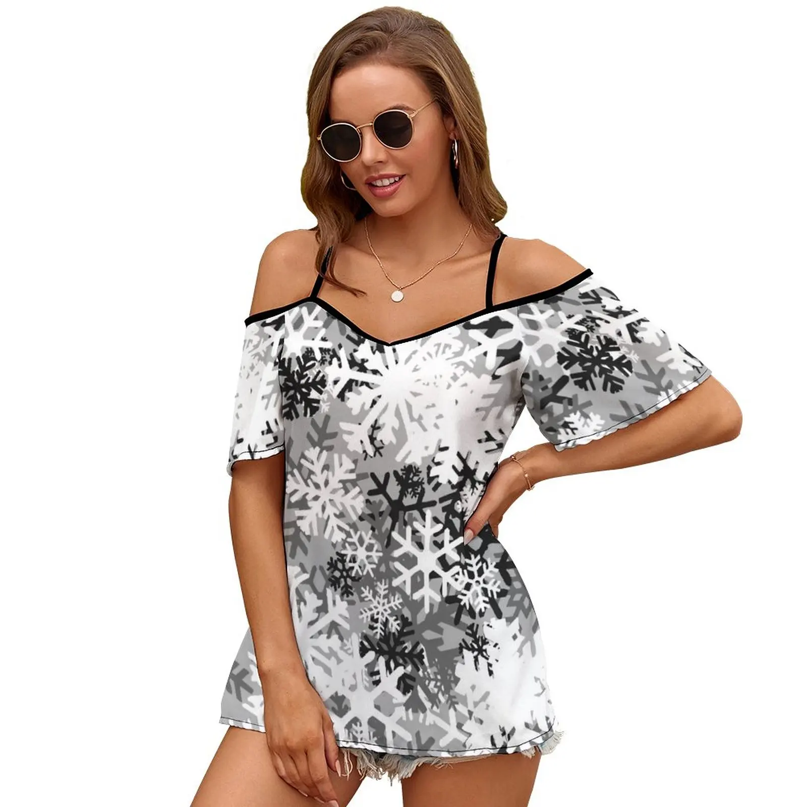 Snowflake Camo Slit Sleeve Cold Shoulder Print Women T Shirt Casual Summer Tee Tshirt Loose Top Camo Camouflage Pattern Soldier