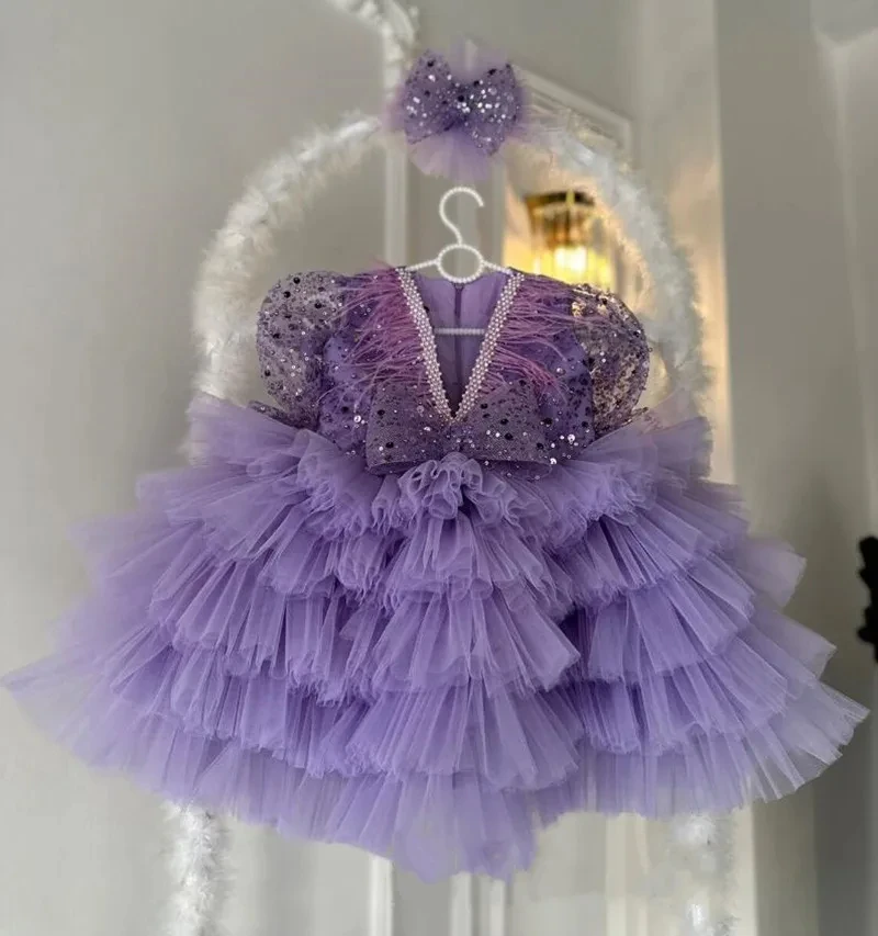 Puffy Tiered Flower Girl Dress Tulle Sequin Long Sleeve Knee Length Bow Pageant Ball Gown Feather Baby Kids Birthday Party Dress