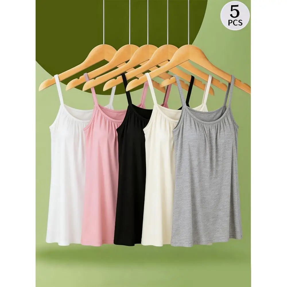 5pcs Seamless Women's Camisole Tops with Built-in Bra Pads- Casual, Elastic Viscose Blend, Opaque, Fabric- Comfortable and Breathable, Suitable for Casual Wear, Lounge Wear, Summer Wardrobe, Seamless Design, Minimalist Style, Soft Texture, Breathable