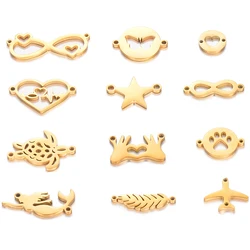 Aço inoxidável Double Hole Pingente para Pulseira, Coração do Amor, Sereia, Pentagrama, Dog Paw, Jóias Fazendo Acessórios Suprimentos, 10Pcs