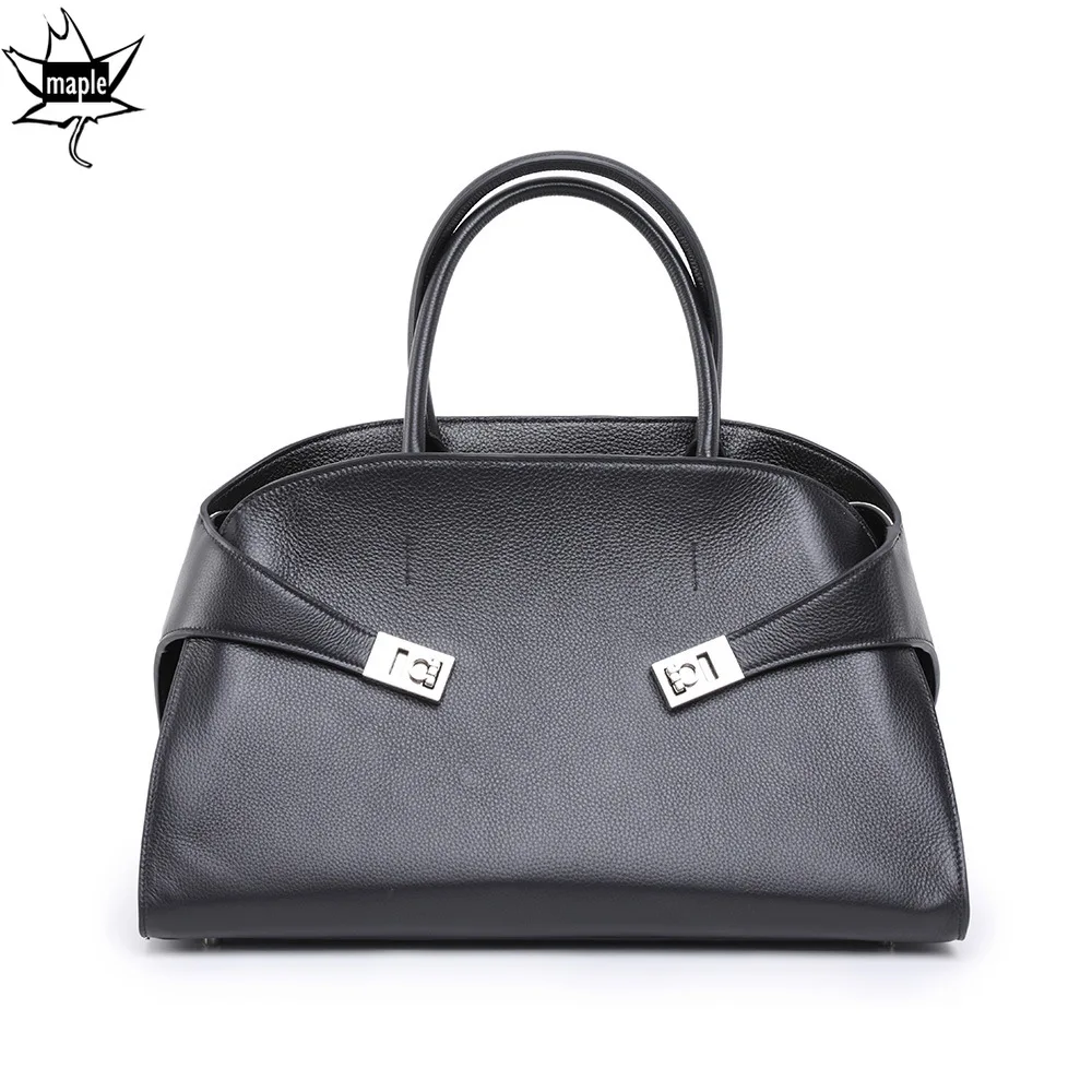 

New Large Work Office Ladies Tote Designer Thick Real Cow Leather Women's Handbag High Quality Stylish Dating Hand Bag Black