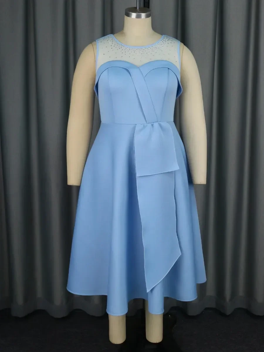 Vestido de fiesta azul elegante para mujer, retales de malla transparente, taladro caliente, cuello redondo, sin mangas, cintura alta, corte en A, plisado, para eventos de graduación