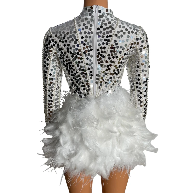 Nowe błyszczące srebrne perły lustra body spódnica z piór kobiety cekiny strój do tańca jazzowego Gogo kostiumy Bar klub nocny strój sceniczny