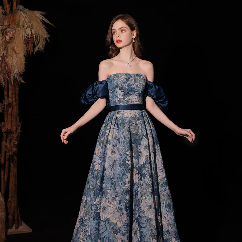 Blue Flower Pattern A Line Princess Party Evening Dress With Detachable Sleeves Prom Dress Floor-Length Homecoming Vestido