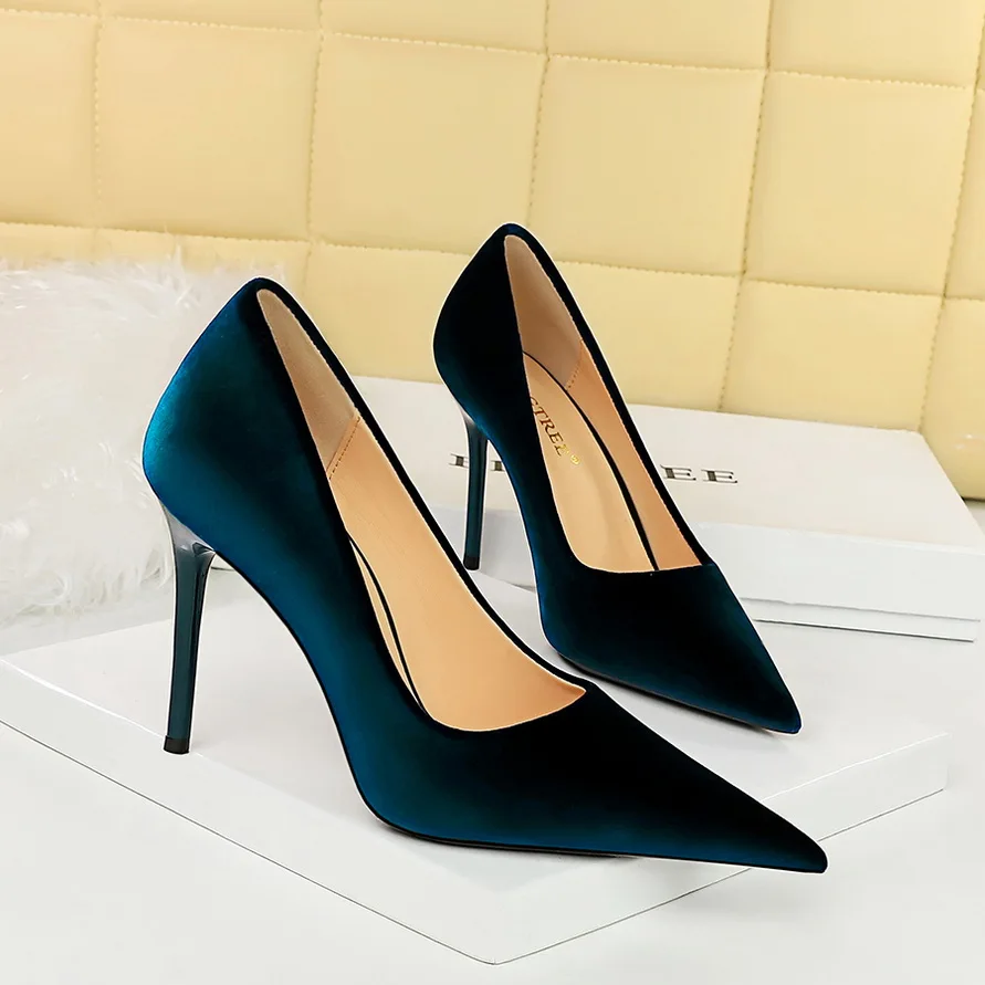 

BIGTREE Fashion Simple High Heels Velvet Pointed tip Lady Women's Pumps Stiletto 9.5cm Office Dress High Heeled Shoes Green Blue