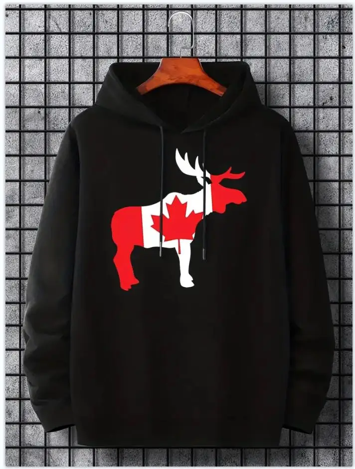 Hoodies For Men, Maple Leaf Canada Print Hoodie, Men’s Casual Pullover Hooded Sweatshirt With Kangaroo Pocket For Spring Fall