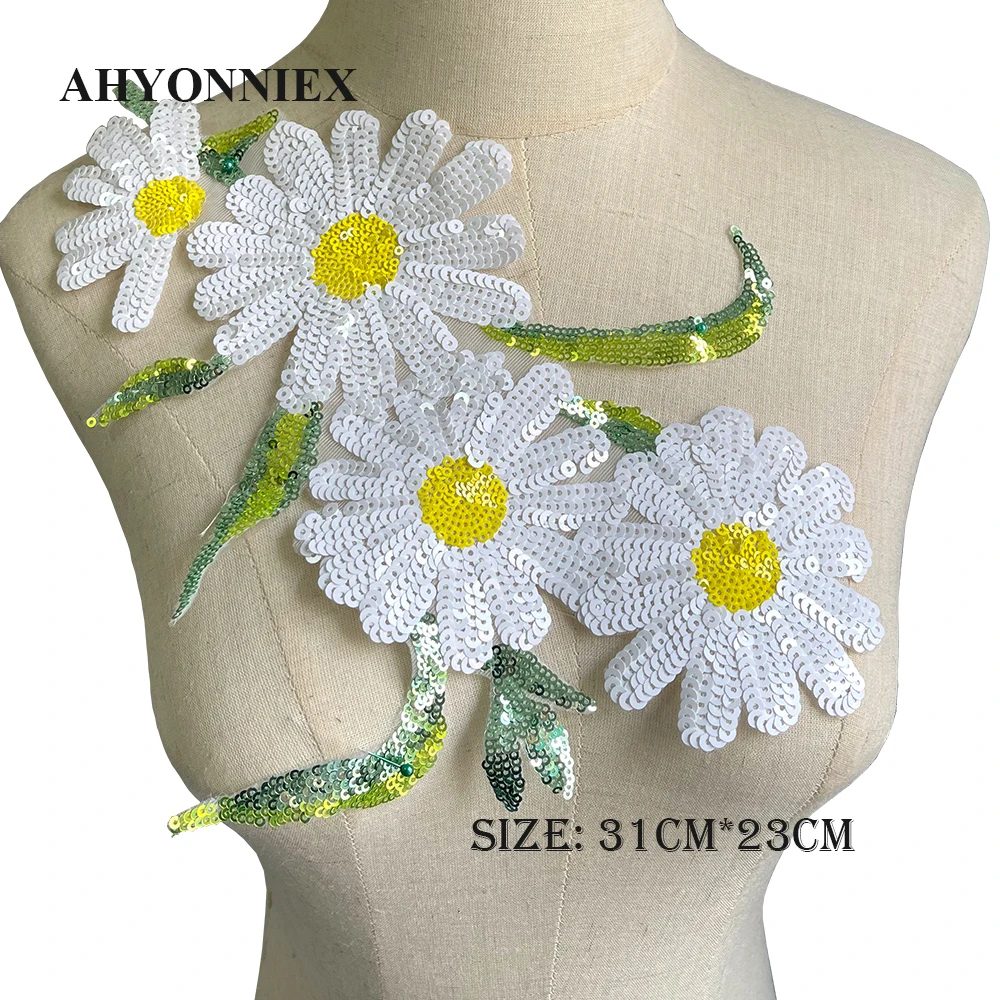 31CM X 23CM Flower Embroidery Patch Sequin Daisies Patches For Clothing Clothes Sticker Appliques Iron On Parches