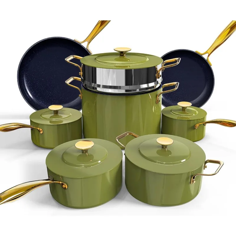 

Cookware Set with Elegant Gold Handle Diamond Infused Ceramic Non-Stick, PFAS Free, Premium Metal Lids Ergonomic Stay-Cool