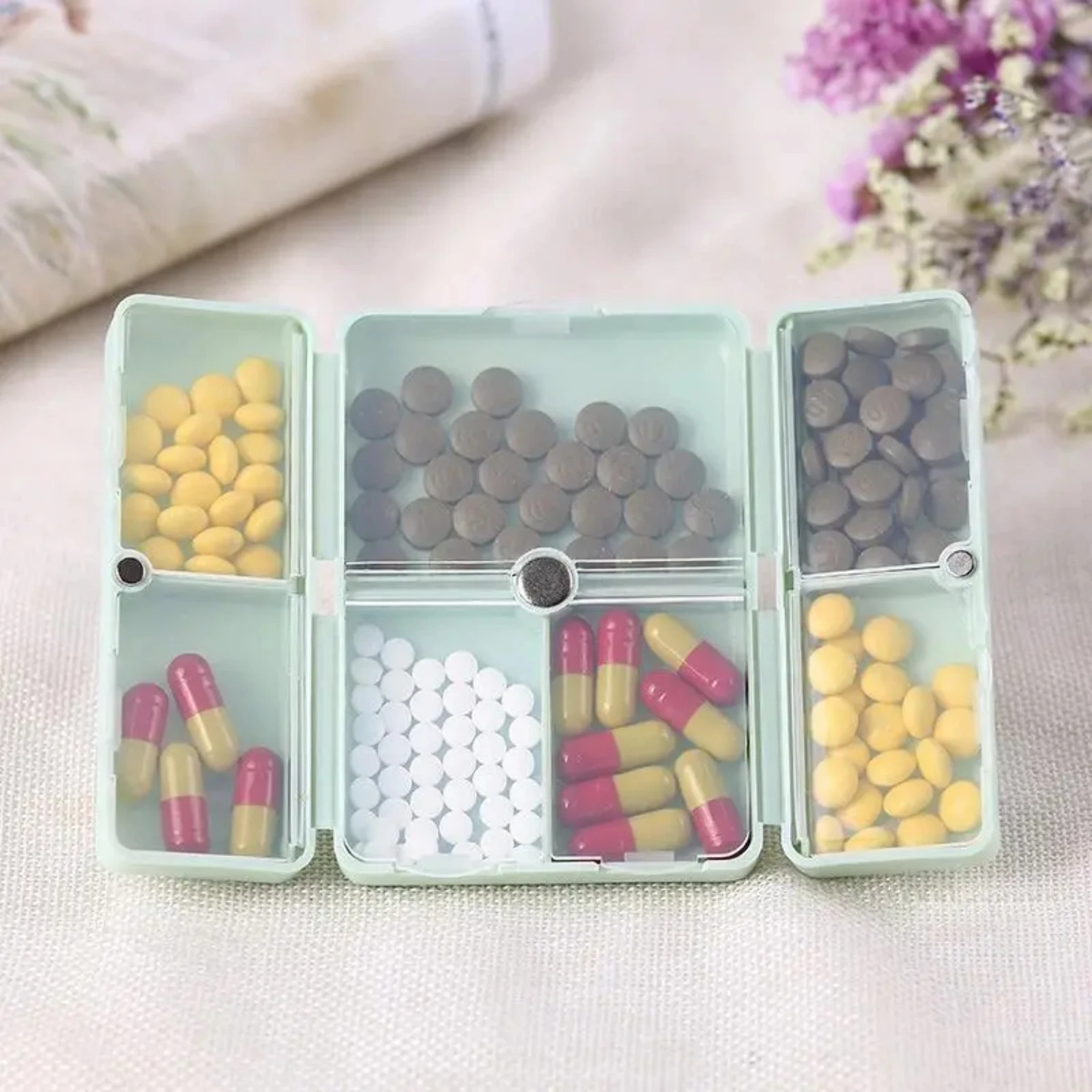 Convenient and versatile large capacity portable foldable pill case with multiple compartments - ideal for traveling assorted