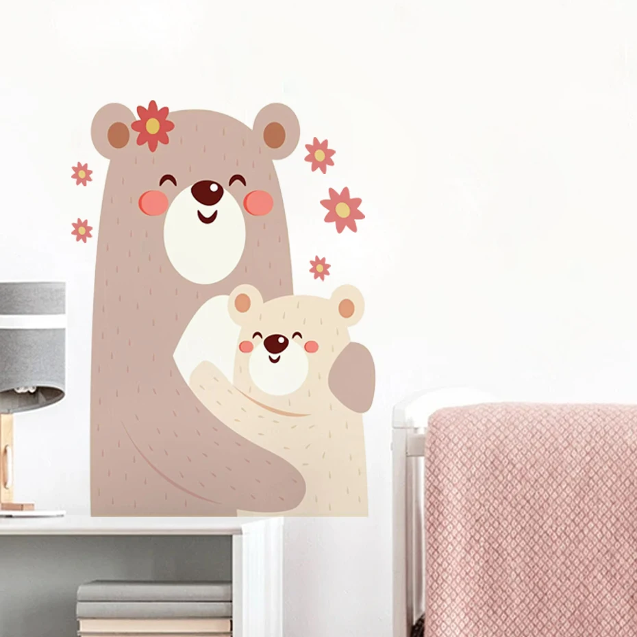 Cartoon Bears Hugs Flowers Wall Stickers for Girls Room Decoration Kids Room Wall Decals Daughter Room Women Bedroom Stickers