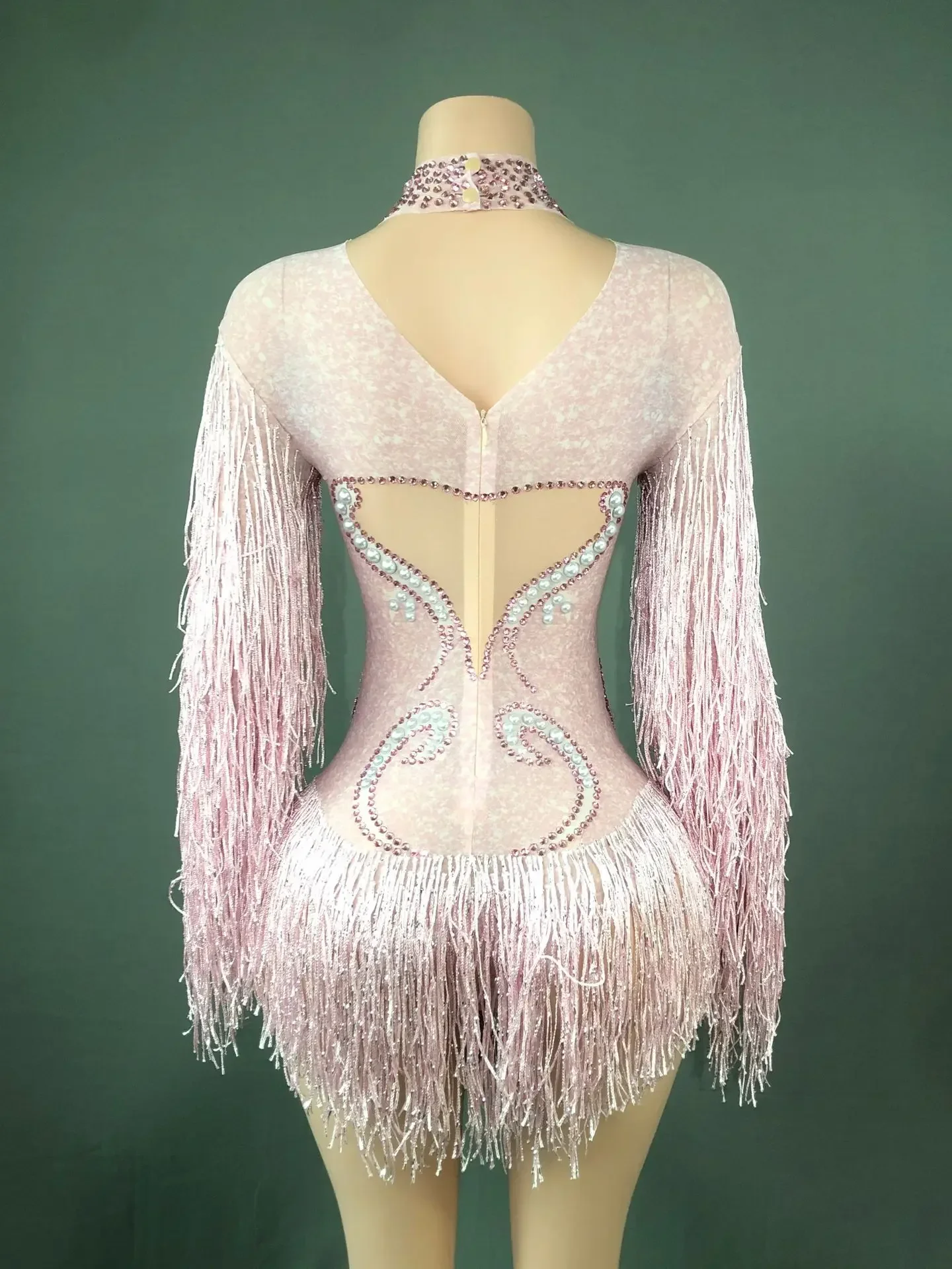 Neues Tanzkostüm für Frauen, Geburtstagsparty-Outfit, Luxuriöser Grauer Fransen-Body mit Silberfarbenen Strasssteinen und Perlen, Transparenter Bodysuit – Detail 8