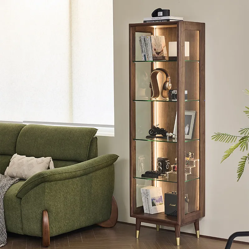 Solid wood figure glass display cabinet, black walnut wine cabinet, light luxury living room against the wall, bookcase, locker,