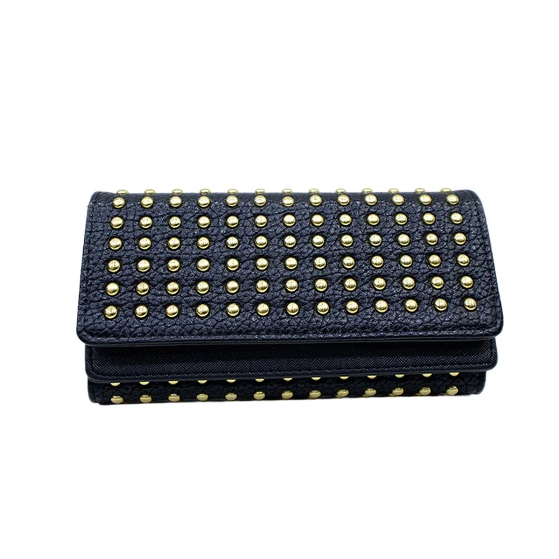 

Fashionable Womens Wallet with Rivets and Large Capacity Long Clutch with Hasp Solid Color Hip-hop Women Purse