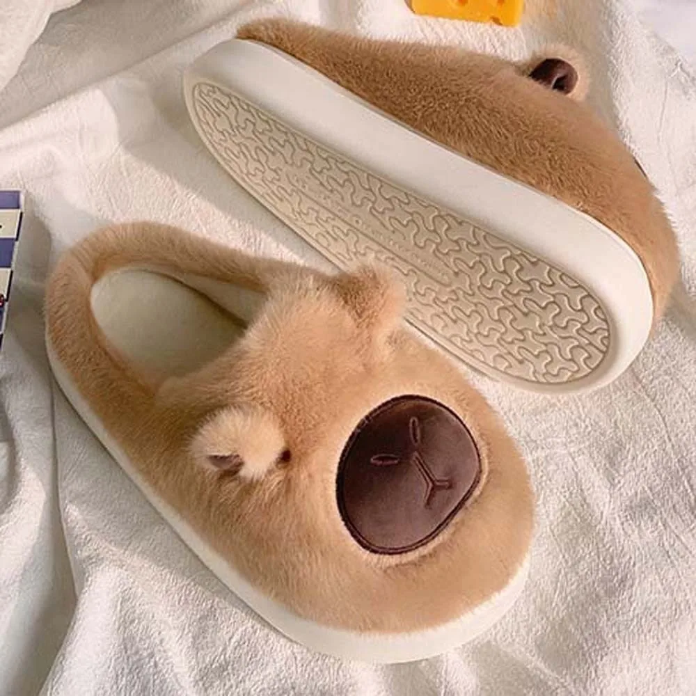 Soft Capybara Furry Slippers EVA Thickened Cartoon Cotton Slippers Anti-slip Cute Warmer Home Cotton Shoes Cold Weather