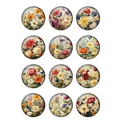 12pcs/lot Vintage Colorful Flower Art Patterns 8mm/12mm/20mm/25mm Round Photo Glass Cabochon Demo Flat Back Making Findings T213