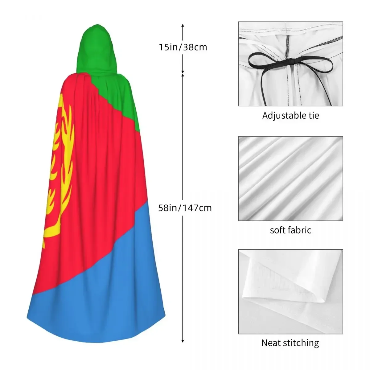 Adult Cloak Cape Hooded Eritrea Flag Medieval Costume Witch Wicca Vampire Elf Purim Carnival Party