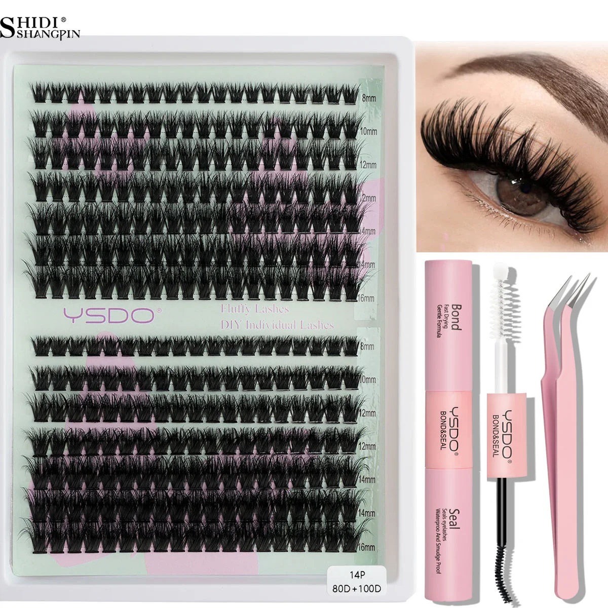 Kit de grupos de pestañas postizas DIY, unión y sello de pestañas 2 en 1, juegos de extensiones de pestañas postizas espectaculares y esponjosas gruesas, herramientas de maquillaje