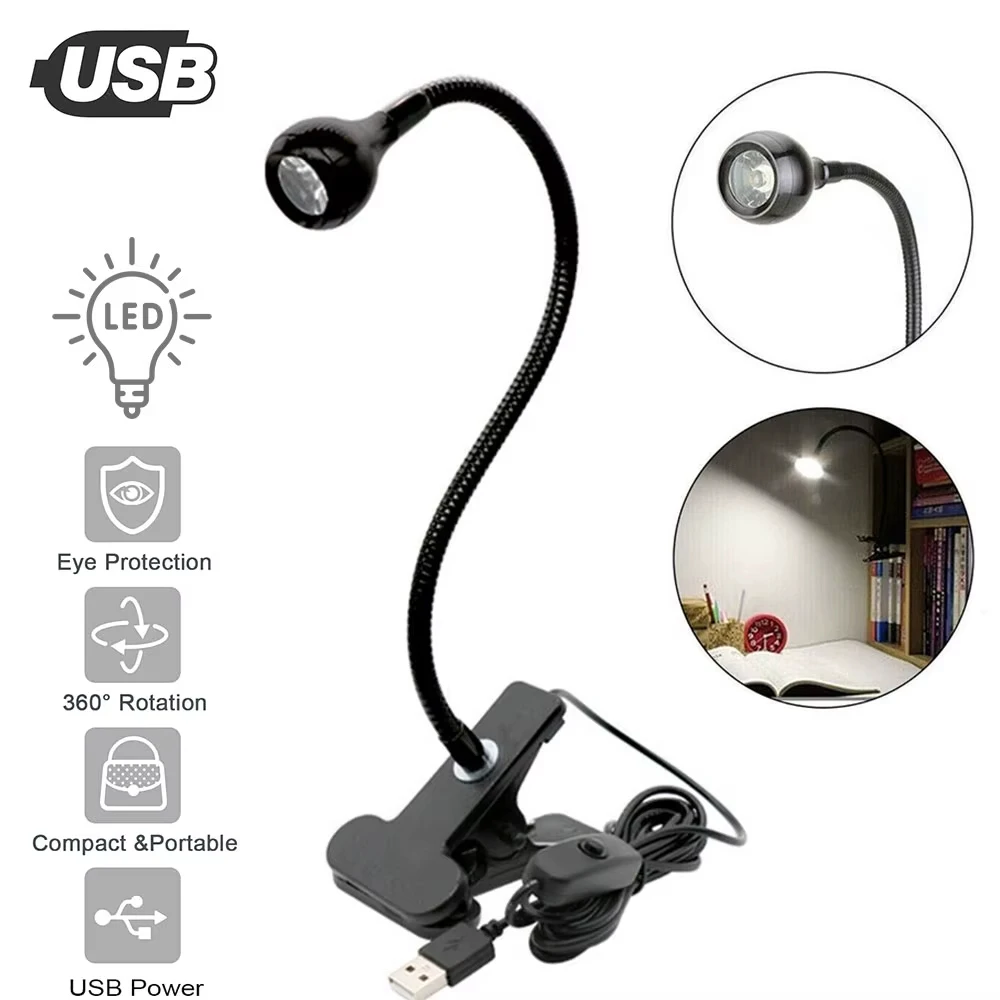 

USB Flexible Desk Lamp with Clip Holder LED Reading Book Light 360° Folding Bedside Table Night Lamp for Bedroom Office Study