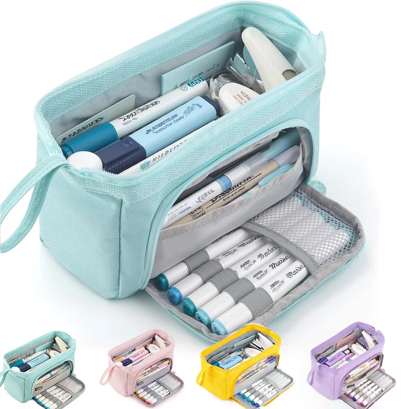 Kawaii Large-Capacity Pencil Case Durable Canvas Student Stationery Double-Layer Pencil Bag Storage Bag School Supplies Large Capacity Pencil Case Cute Student Pencil Case Large Pen Bag Box Storage Box for Boys Girls Children Office School Stationery Supplies